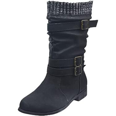 Imagem de Botas femininas de cano longo com fivela e salto baixo, botas de neve quentes de couro PU para uso ao ar livre, Preto, 35 BR