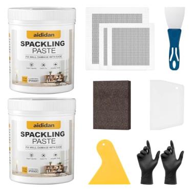Imagem de Kit de reparo de furos de drywall de 355 g, uma solução única para seus problemas de parede (massa de reparo de parede/remendos de parede/esponja de lixamento/faca de massa/raspadores/luvas) para