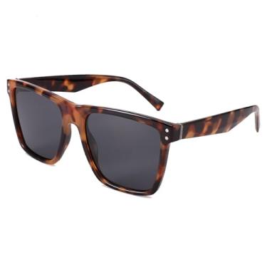 Imagem de Óculos de sol masculino feminino polarizado grande retrô armação quadrada, Estampa de leopardo brilhante cinza, 53MM
