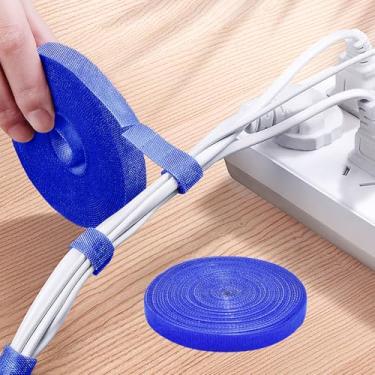 Imagem de Tiras de gancho e laço dupla face de nylon de 9,5 cm, tiras autoaderentes, rolo de gerenciamento de cabos de fixação para armazenamento e organização (azul)
