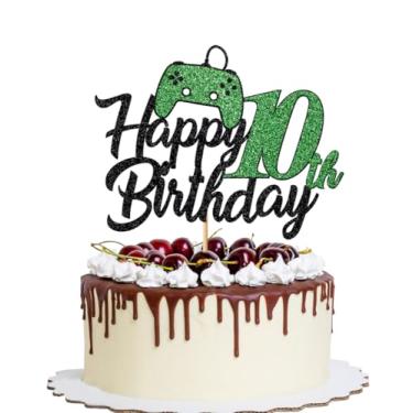 Imagem de YQLXDHBD 1 peça de topo de bolo de feliz aniversário de 10 anos com glitter, jogo de escolha de bolo em controladores, decoração de bolo de décimo aplauso a 10 anos, para meninos e meninas, decoração