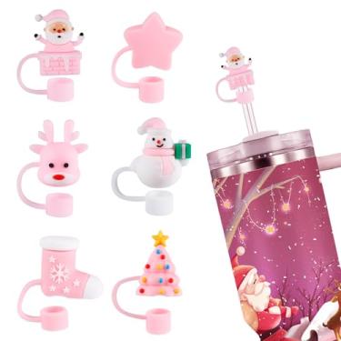 Imagem de 6 peças de palha de silicone de Natal, tampas de palha de Natal de 10 mm, 6 estilos, pontas protetoras de tampa, tampa reutilizável, acessórios de peça de copo compatíveis com Stanley Tumbler 40/850.5