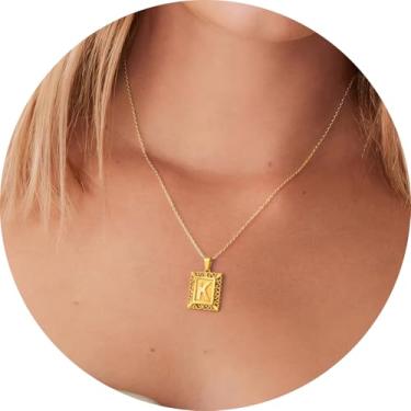 Imagem de Colar com letra inicial para mulheres, aço inoxidável banhado a ouro 18K, pingente retangular A–Z, corrente de 50,8 cm, 20in, Aço inoxidável, Sem Pedra Preciosa