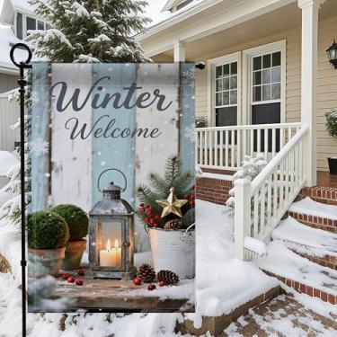 Imagem de Bandeira de jardim de inverno 30,5 x 45,7 cm - Bandeira pequena de decoração de jardim dupla face, lanterna de boas-vindas de inverno impressa, frutas vermelhas e flocos de neve para decorações de
