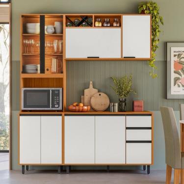 Imagem de Cozinha Modulada Completa 3 Peças 9 Portas 2 Gavetas Com Cristaleira Ravena Freijó - Off White Acetinado