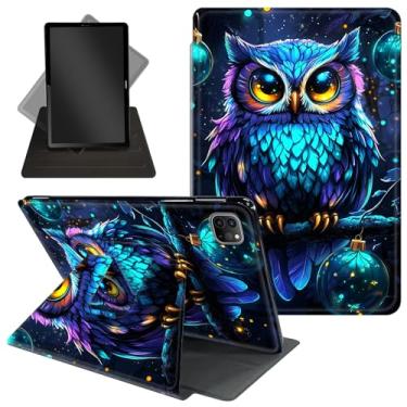Imagem de Capa para iPad Pro de 12,9 polegadas, 6ª/5ª/4ª geração (2022/2021/2020), suporte protetor giratório de 360 graus com despertar/hibernar automaticamente, linda coruja roxa azul