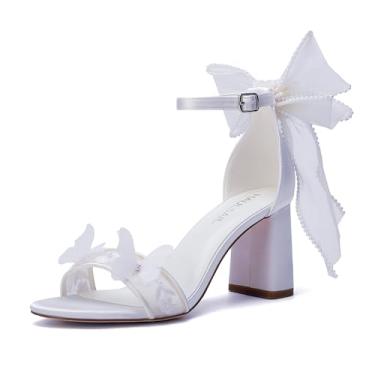 Imagem de HAULSAIL Sandálias de casamento com acabamento em pérola, salto bloco de cetim branco, bico aberto com laço, tira no tornozelo, salto de 8 cm, sapatos formais para noivas, Branco, 38