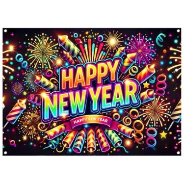 Imagem de WOLADA Fundo fotográfico de feliz ano novo colorido fogos de artifício confetes para decorações de sessão de fotos de véspera de ano novo 295 x 203 cm FW153