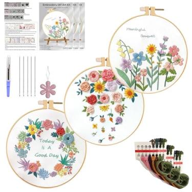 Imagem de Huacan Kits de bordado para adultos, iniciantes, 3 peças, padrão de grinalda estampada, kit de costura faça você mesmo, 19 x 19 cm