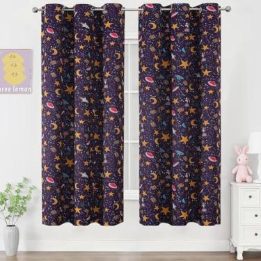 Imagem de Estelar Textiler Cortinas blackout roxas com tema unicórnio e foguete de 182 cm de comprimento, 2 painéis, cortinas com isolamento térmico para quarto de bebê, decoração de quarto de criança, 96,5 x