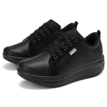 Imagem de RUIDENG Tênis de plataforma para mulheres caminhando o dia todo | Sapatos de trabalho antiderrapantes confortáveis para mulheres | Parte inferior basculante de cunha de 5 cm de espessura, Todo preto