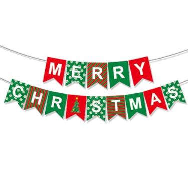 Imagem de Decoração de banner de Feliz Natal vermelho verde placa de banner de papel de Natal decoração de escritório em casa banners decoração de festa de feliz Natal para Natal lareira parede janela decoração