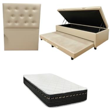 Imagem de Cama Box Baú Solteiro com Auxiliar (Bicama) + Colchão Eagle Molas Bonnel 22cm | Kit Completo com Cabeceira Botonê Opcional | Diversas Cores (3, CORINO BEGE, COM CABECEIRA)