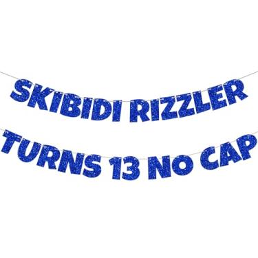 Imagem de Skibidi Rizzler Turns 13 Banner No Cap - Decorações pré-amarradas de aniversário de 13 anos, faixa de festa com glitter para decorações de meninos de 13 anos, suprimentos de festa de meme Geração Z