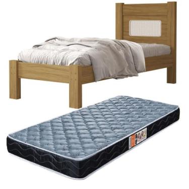 Imagem de Cama Para Quarto De Solteiro MDF Com Estrado Madeira Clara Com Colchão