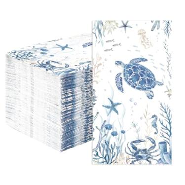 Imagem de Guardanapos de papel de tartaruga costeira 3 camadas tartarugas marinhas descartáveis absorventes toalhas de mão costeiras náuticas coral hóspedes guardanapo de banheiro para Natal, férias, praia