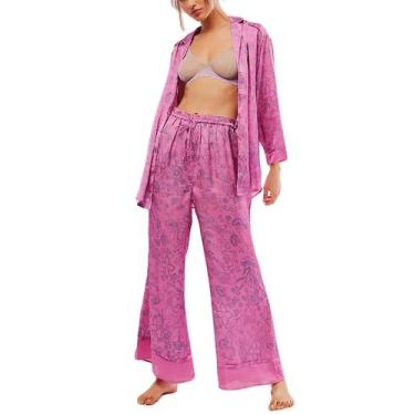 Imagem de Conjunto de pijama feminino Yoawdats, cetim macio, floral, 2 peças