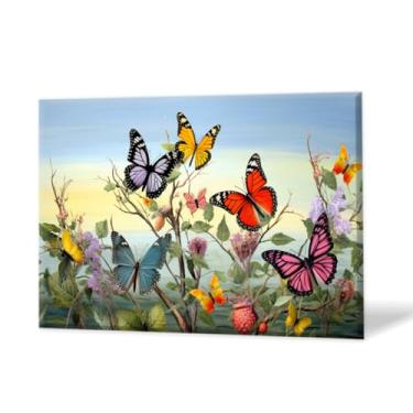 Imagem de Arte de parede moderna 40,6 cm x 30,5 cm, arte emoldurada para sala de estar, quarto, banheiro, escritório, decoração de casa, borboletas coloridas entre flores e ramos, imagens em tela