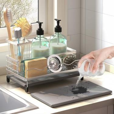 Imagem de Organizador de pia de cozinha com suporte de esponja e tapete de secagem de pedra, secagem rápida, suporte de pia de cozinha de aço inoxidável para esponjas, escovas e sabão, organizador de pia