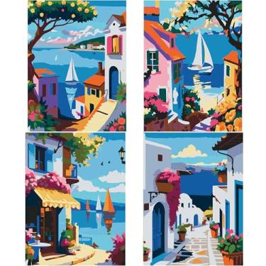 Imagem de Huacan Kits de pintura por números para adultos, iniciantes, 4 peças sem moldura, faça você mesmo, desenho de paisagem em tela, kit de pintura acrílica feito à mão com 8 pincéis 30 x 40 cm
