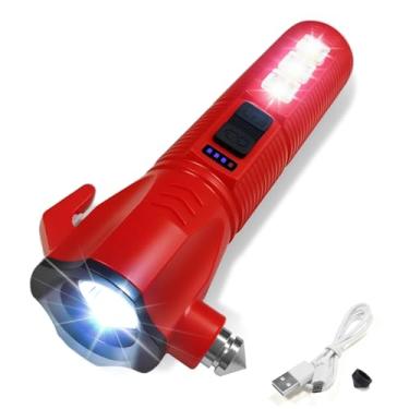 Imagem de GEEBONFLUGENS Lanterna vermelha para carro de emergência – 2000 lúmens, luz dupla, indicador de bateria de 4 níveis, disjuntor de janela e cortador de cinto de segurança, recarregável por USB