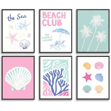 Imagem de 6 peças de arte de parede costeira rosa verão praia menina decoração de parede imagens o mar praia clube concha planta estrela do mar impressão em tela para decoração de casa temática Shoreside
