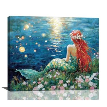 Imagem de Arte de parede de sereia, decoração de parede de imagens de sereia, pintura impressa em tela do oceano azul, arte emoldurada da noite da lua para banheiro meninas quarto sala de estar decoração de