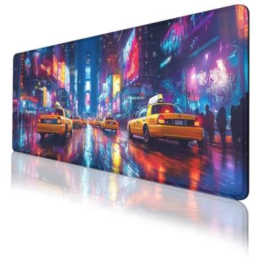 Imagem de Mouse pad New York, neon night yellow taxis Urban Cityscape mousepad estendido grande laptop base de borracha antiderrapante com bordas costuradas para casa 80 x 30 cm