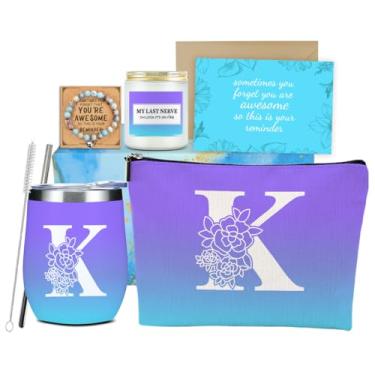 Imagem de SAPEYKR Conjunto de pulseiras de vela vela com monograma azul inicial K, presentes de aniversário para mulheres, mãe, avó, menina, tia, sobrinha, Natal, amizade, despedida de solteira, bolsa de
