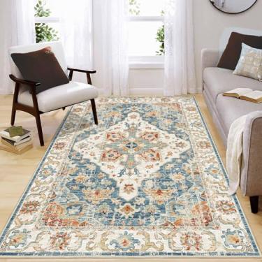 Imagem de Enkor Tapetes macios de área, 12 x 18 cm, lavável, antiderrapante, boho, para sala de estar, quarto, estilo vintage, tapete de casa de fazenda para entrada de cozinha, laranja e azul