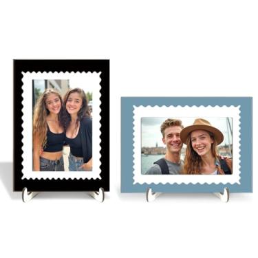 Imagem de SAPEYKR 2 porta-retratos de madeira com estampa colorida, preto, azul, com suporte de madeira, exibição de mesa, quarto, sala de estar, escritório, decoração de casa, acessórios de mesa, suprimentos