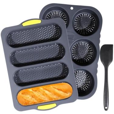 Imagem de Conjunto de 3 bandejas de silicone para hambúrguer e moldes, bandeja de 6 xícaras com espátula para pão caseiro e sanduíches