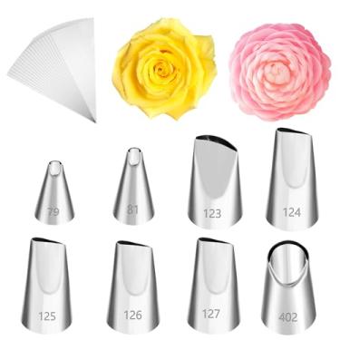 Imagem de Conjunto de 8 pontas de cobertura de pétalas e folhas de flor, conjunto de pontas de tubulação de flor de rosa com 20 sacos descartáveis de pipi, ponta de cobertura inoxidável, ferramenta de bocal de