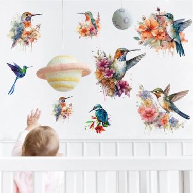 Imagem de Adesivos de parede em aquarela beija-flor com flores 30x60cm PVC - yiw