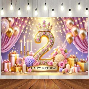Imagem de Faixa de fundo para decoração de feliz aniversário de 2 anos para meninas, princesa feliz 2 anos de idade, fundo de festa de aniversário, coroa luxuosa, rosas de dois anos, celebração de aniversário
