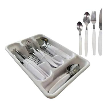 Imagem de Jogo De Faqueiro Branco Garfo Faca Colher Com Porta Talher