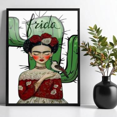 Imagem de Quadro Frida Com Cacto E Passarinho 24X18Cm - Quadros On-Line