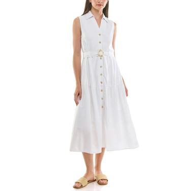 Imagem de Nicole Miller Vestido feminino sem mangas com gola e cinto em camadas, Branco brilhante, 42