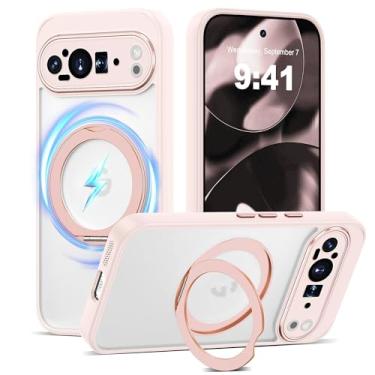 Imagem de AmoraAqua Capa compatível com Google Pixel 9 Pro com suporte magnético de 360° [compatível com Mag-Safe] Capa de celular translúcida à prova de choque para Google Pixel 9 Pro de 6,3 polegadas, rosa