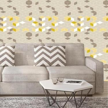 Imagem de Papel De Parede Cubos Amarelos Cinza Marrom Autocolante Sala - LRP