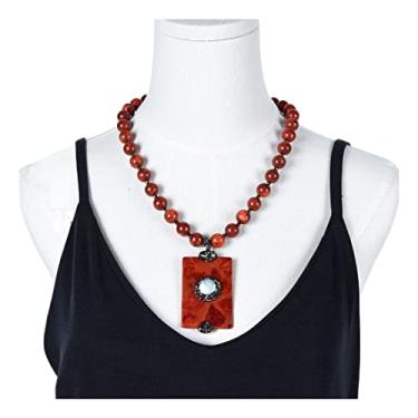Imagem de URMIBDAI Colares femininos joias 12 mm coral esponjoso vermelho colar redondo retangular coral esponjoso e moeda branca colar com pingente de pérola 50,8 cm