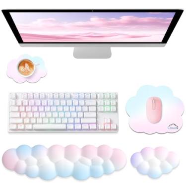 Imagem de Sushret Cloud Apoio de Pulso para Teclado de Computador, Conjunto 4 em 1 com Espuma de Memória e Couro, Mouse Pad com Suporte Ergonômico para Braço e Palma, Ideal para Jogos e Trabalho