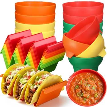 Imagem de FoldTier Tigelas de salsa mexicanas com suporte de taco, conjunto de 24 bandejas verticais de plástico de grau alimentício, seguras para lava-louças, tigelas de imersão para taco, noite, reuniões de