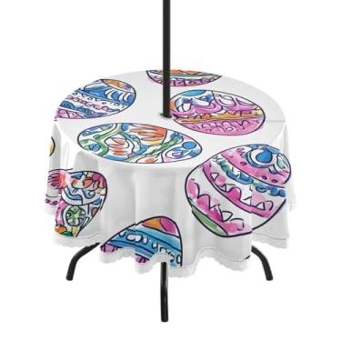 Imagem de Blueangle Toalha de mesa redonda impermeável com ovos coloridos de Páscoa de 152 cm com orifício para guarda-chuva - Tecido resistente à prova de sol para todos os climas para pátio, acampamento