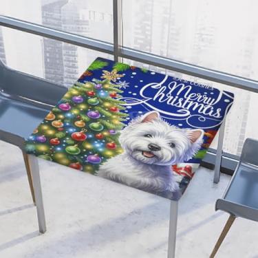 Imagem de hongjinglin Toalha de mesa quadrada para uso externo com borda elástica com borda elástica, toalha de mesa de árvore de Natal para cachorro limpável para decoração de cozinha para mesas de 86 x 86 cm