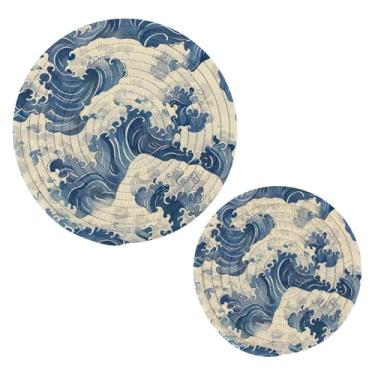 Imagem de Blueangle 2 peças de suporte de panela de trivet de ondas japonesas - conjunto de pegadores de panela de tecido redondo - almofadas quentes trançadas de algodão - porta-copos - tapetes de mesa para