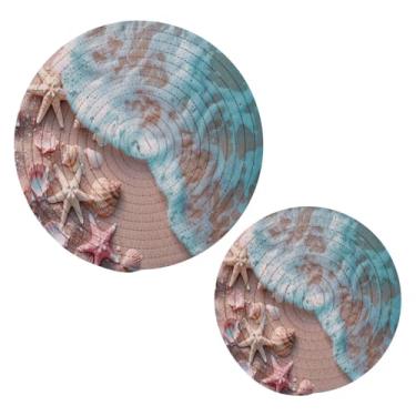 Imagem de Blueangle 2 peças de suporte de panela trivet estrela do mar e coral - conjunto de pegadores de panela de tecido redondo - almofadas quentes trançadas de algodão - porta-copos - tapetes de mesa para