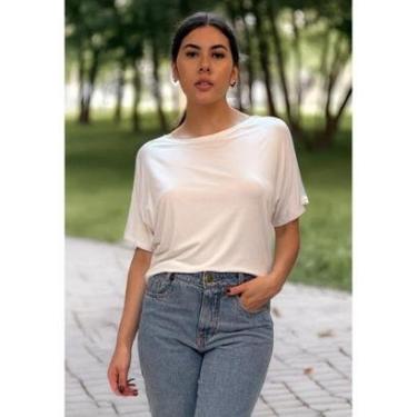 Imagem de Blusa Básica Morcego Malha Gola Canoa Manga Curta Branca - P-Veste do 38 ao 40-Feminino