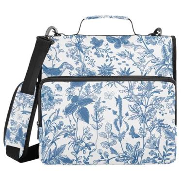 Imagem de SEHANY Fichário azul boêmio com zíper 3 anéis com alça de ombro, vários bolsos expansíveis pasta de arquivo organizador de bolsa