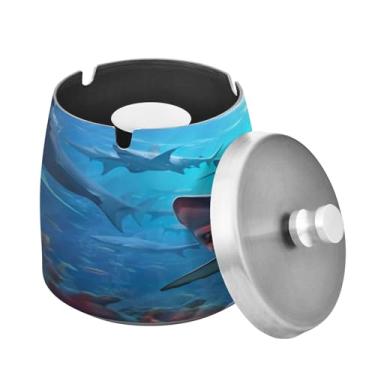 Imagem de Blueangle Sharks Groups Cinzeiro com tampa para cigarros, à prova de vento/chuva, aço inoxidável, sem fumaça, inodoro, cinzeiro para uso interno ou externo (507)